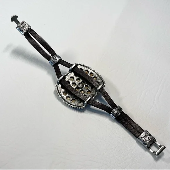 Vintage Leather Bracelet Silver Rhinestone Cross Yellow Crocodile - Picture 5 of 7